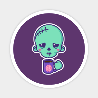 Tired kawaii zombie with brains coffee cup - white outline Magnet